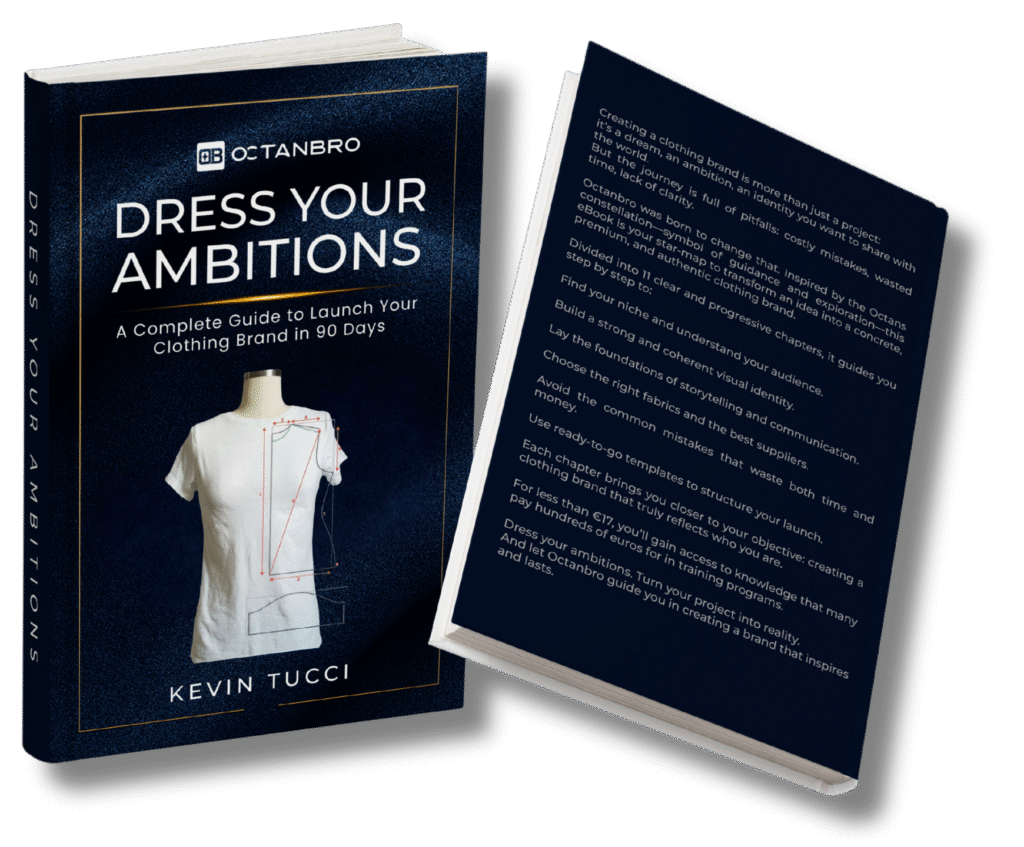 Ebook cover titled ‘Dress Your Ambitions’ with creative fashion sketches and fabric swatches, representing Octanbro’s guide to launching a clothing brand