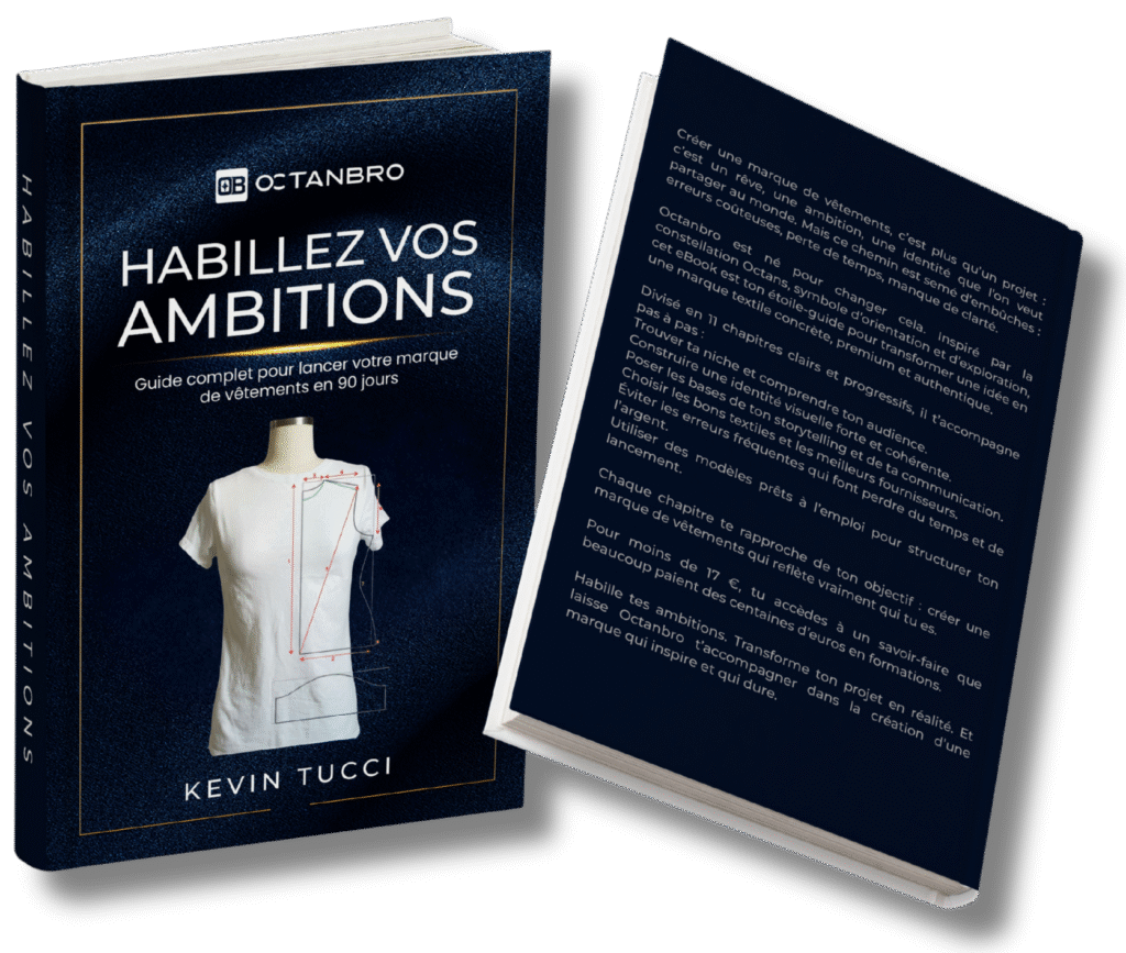 Couverture de l’ebook ‘Dress Your Ambitions’ avec des croquis de mode et des échantillons de tissus, représentant le guide d’Octanbro pour créer une marque de vêtements