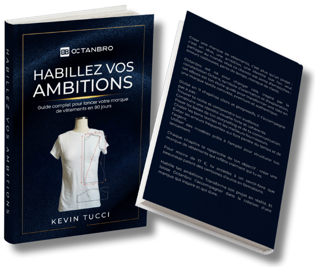 Couverture de l’ebook ‘Dress Your Ambitions’ avec des croquis de mode et des échantillons de tissus, représentant le guide d’Octanbro pour créer une marque de vêtements